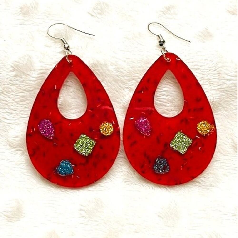 Red Oval Resin Sparkle & Glitter Teardrop Shaped Lightweight Dangle Earrings